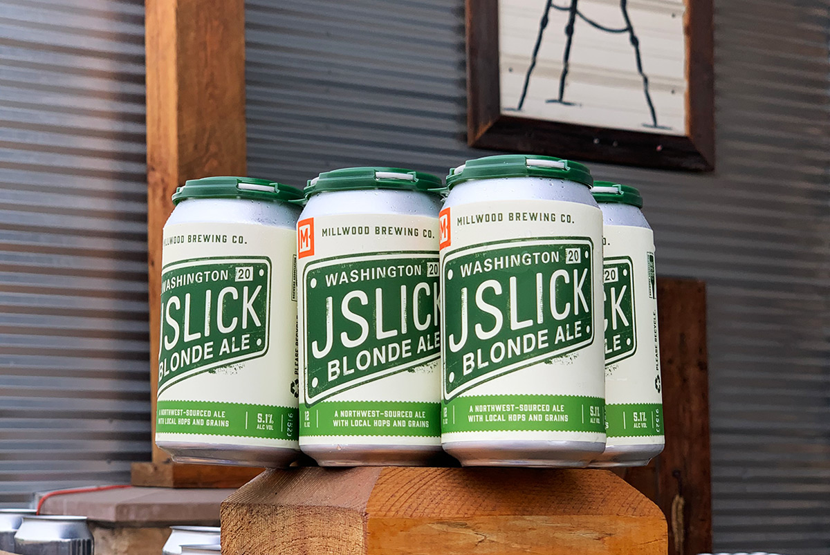 A 6-pack of 12oz. JSLICK Blonde Ale cans, craft beer label designs