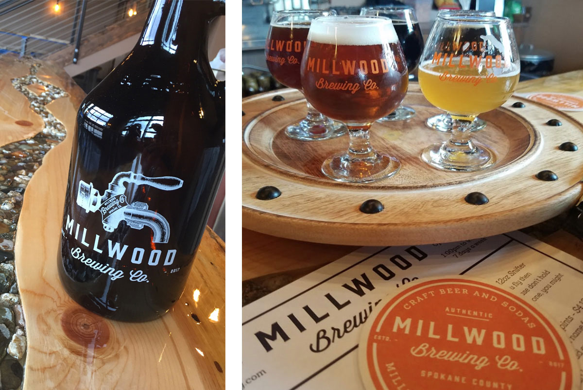 Millwood Brewing Company growler, beer glass, coaster and menu designs for craft beer makers