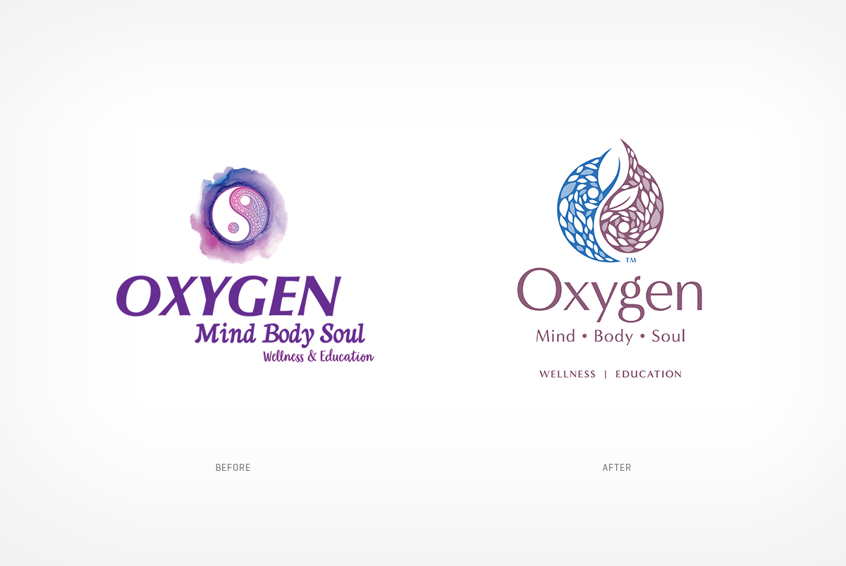 Brand logo design for Oxygen Wellness, before and after.