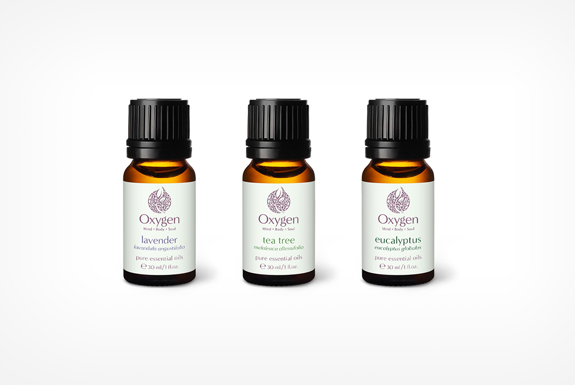 Brand label designs for Oxygen Wellness pure essential oils line of products.