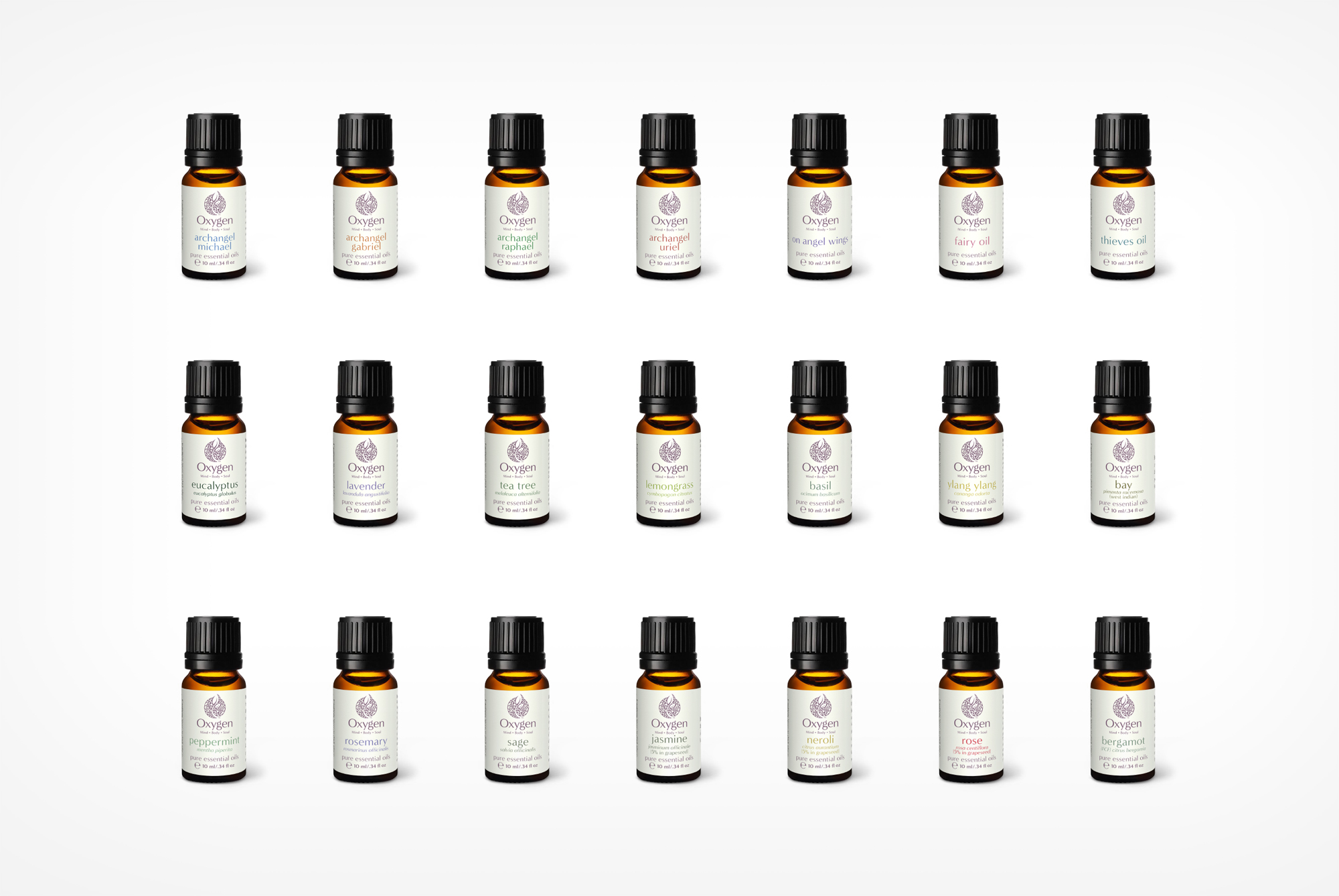 Brand label designs for Oxygen Wellness pure essential oils line of products